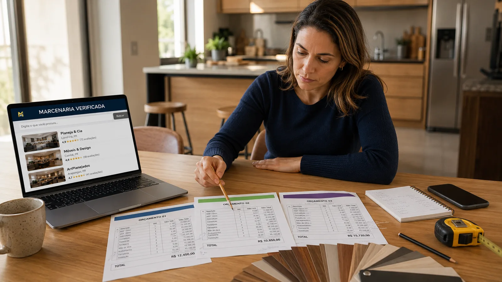 Mulher comparando três orçamentos impressos de móveis planejados sobre a mesa, com amostras de acabamento, trena e a busca da plataforma aberta no notebook.