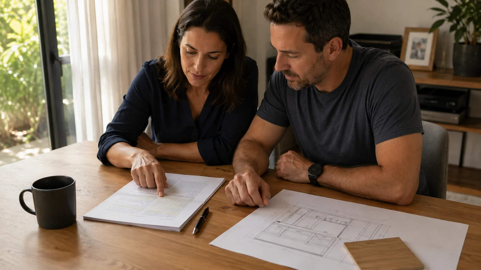 Casal lendo com atenção um contrato de marcenaria sobre a mesa, ao lado do desenho do projeto e de uma amostra de acabamento.