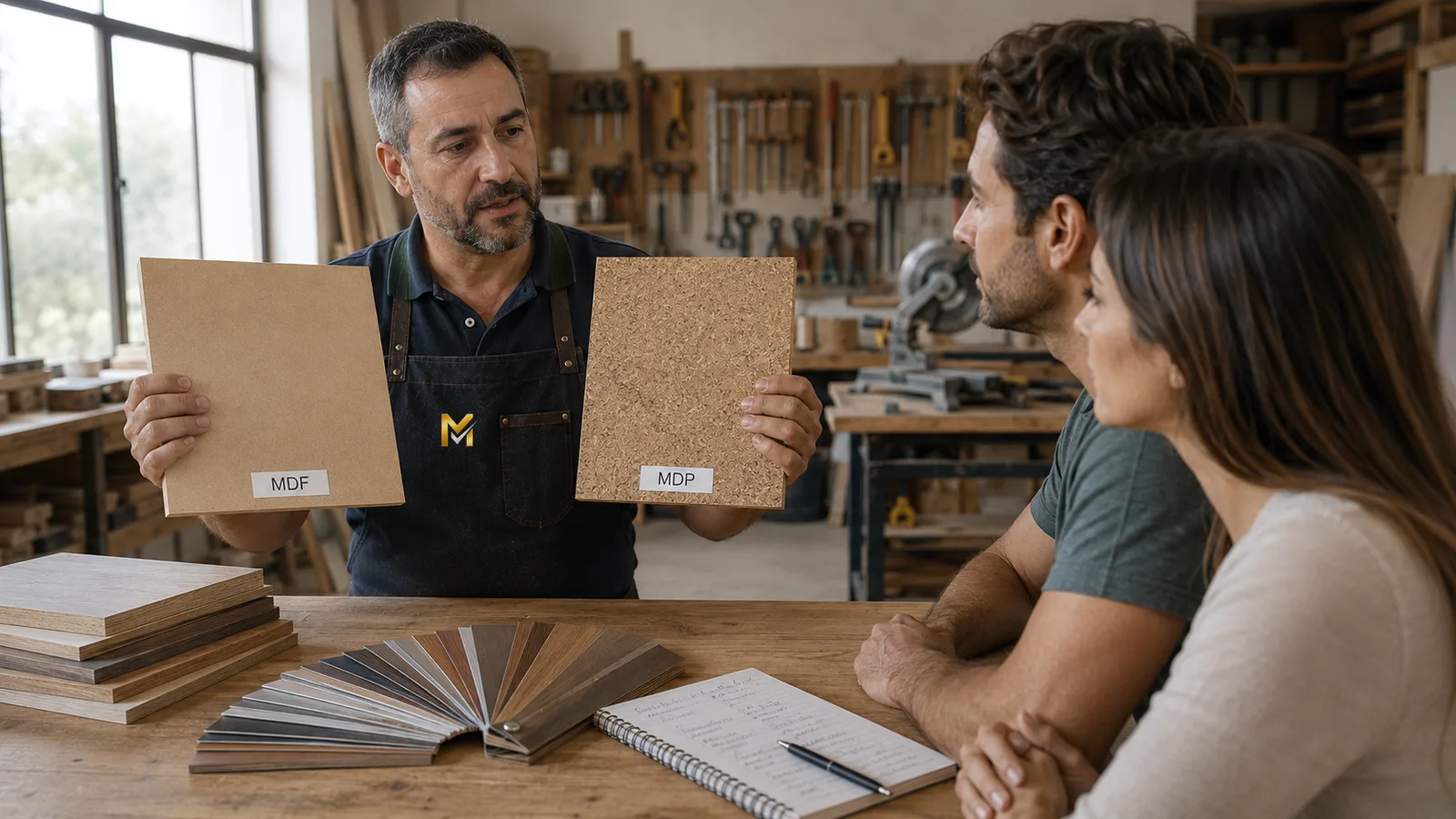 Marceneiro mostrando a um casal, na oficina, uma placa de MDF ao lado de uma placa de MDP para comparar a diferença entre os dois materiais.