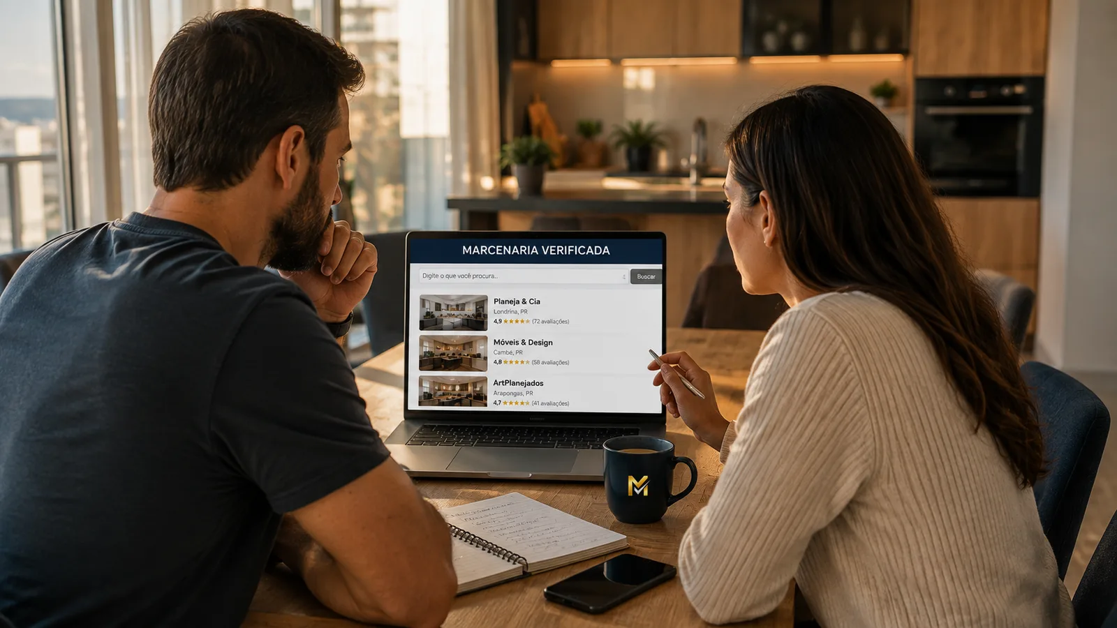 Casal em casa pesquisando marcenarias no notebook, com a busca da plataforma aberta na tela mostrando empresas, cidade e nota de avaliação.